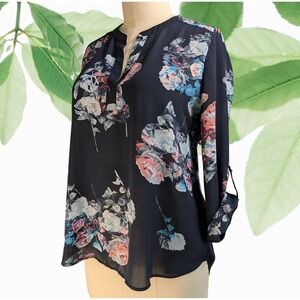 DanielRainn XL Women's Georgette Floral Print Black Collared Roll Tab Blouse